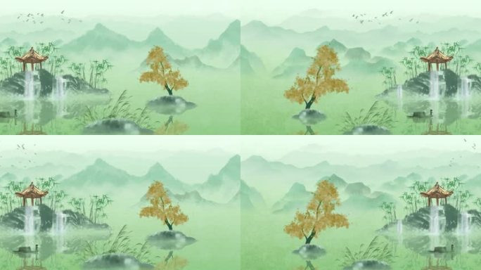青绿色水墨画水墨山水背景