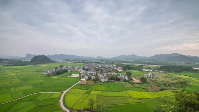 4K延时农田河流小镇山峦景色