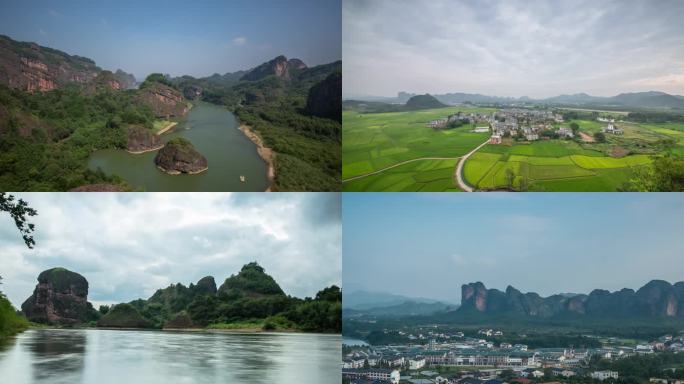 4K延时农田河流小镇山峦景色