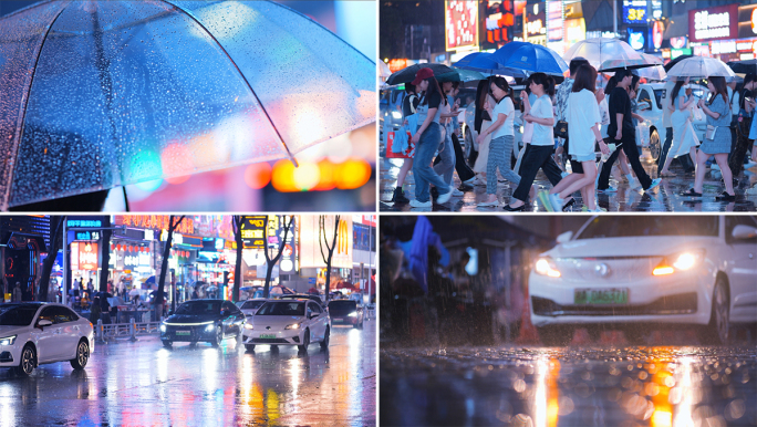 雨夜打伞的行人车流人流下雨夜晚