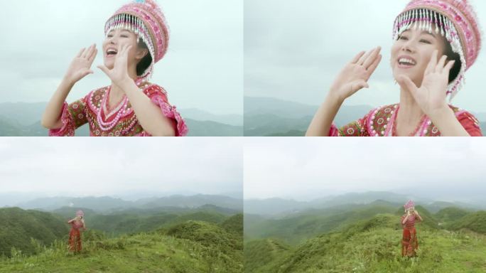 山顶唱山歌的少数民族苗族土家族布依族少女