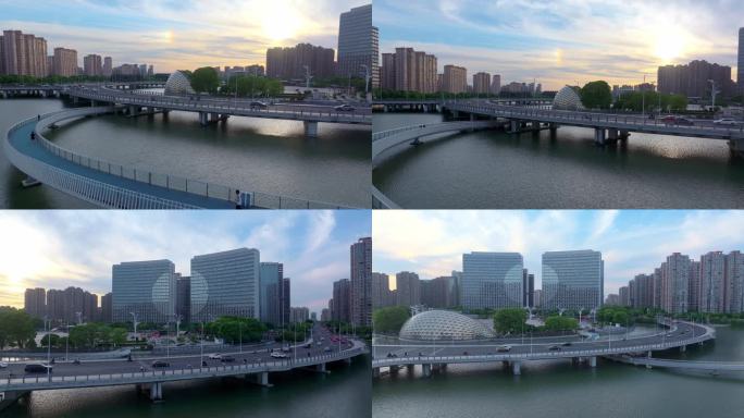 夏天傍晚日落时苏州相城活力岛城市风景航拍