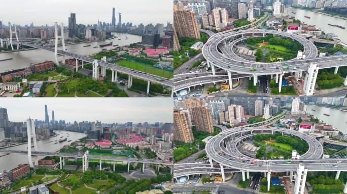 上海市黄浦江南浦大桥桥梁车流交通航拍城市
