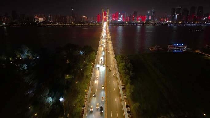 湖北武汉长江二桥夜晚夜景航拍车流交通汉口