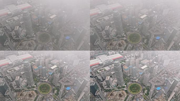 大雾中的惠工广场 城市航拍高楼大厦 北站