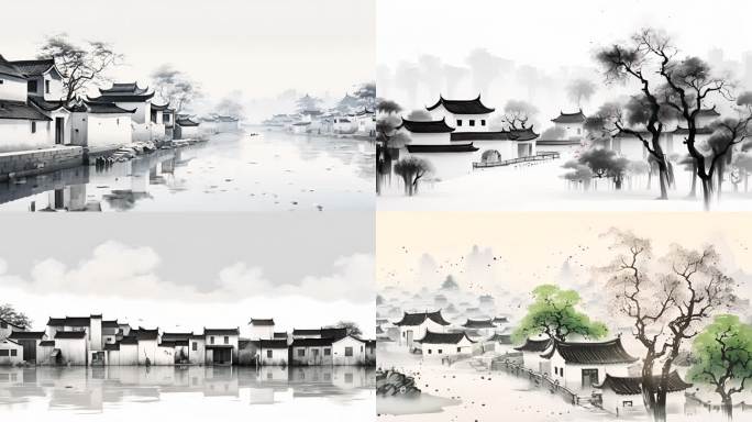 黑白徽派水乡
