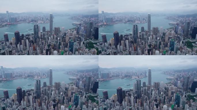 太平山航拍香港维多利亚港中环密集城市楼群