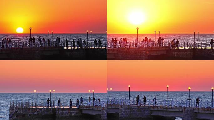 栈桥日出海上看日出海景日出日落航拍