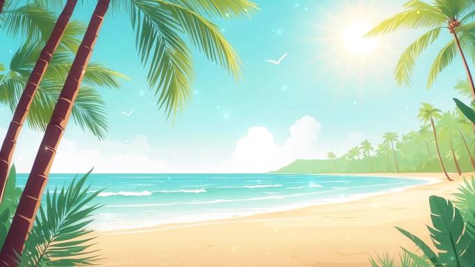 4K唯美梦幻卡通油画沙滩海滩海边封面背景