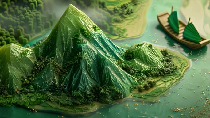 端午节概念背景，绿色粽子形成的山和河流