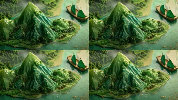 端午节概念背景，绿色粽子形成的山和河流