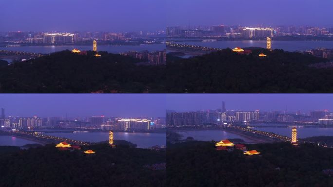 4k湖南岳阳圣安寺千亩湖夜景航拍