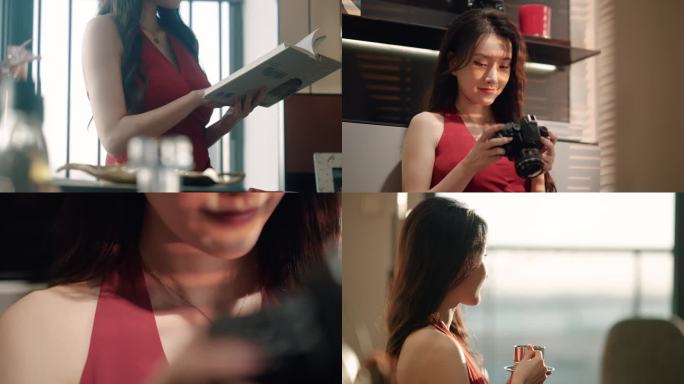 人物居家体验夕阳研磨看书喝茶相机柜子镜头