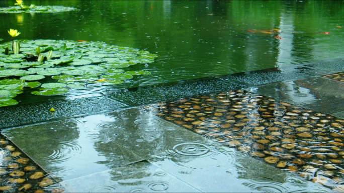 4K雨天中式园林下雨公园空镜