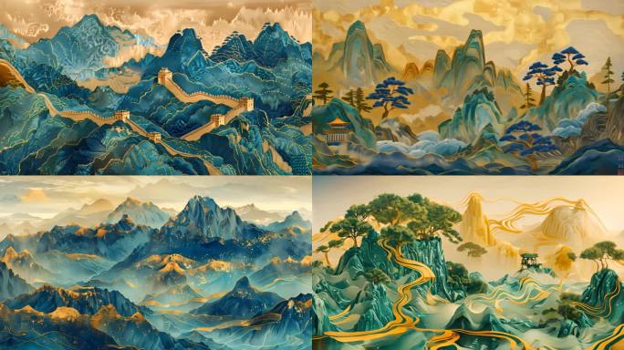 鎏金中国山水画古风舞台背景