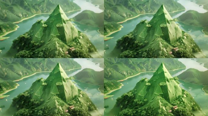 端午节概念背景，粽子山峰和河流湖泊