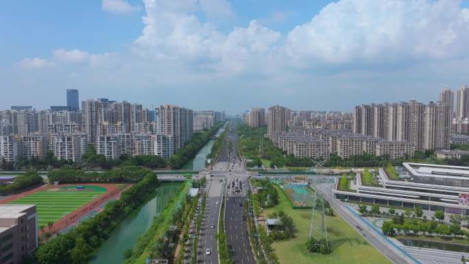 苏州工业园区奥体中心蓝天白云城市风景航拍