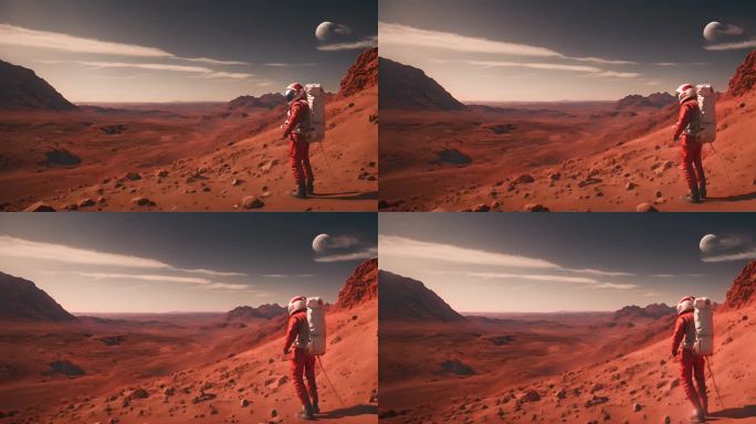 宇航员上山探索红色星球/火星