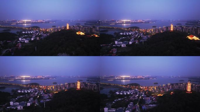 4k湖南岳阳圣安寺千亩湖夜景航拍