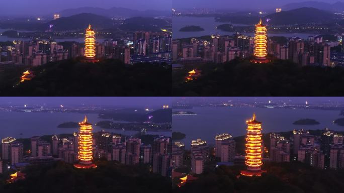 4k湖南岳阳圣安寺千亩湖夜景航拍