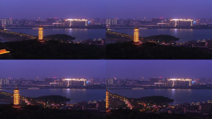4k湖南岳阳圣安寺千亩湖夜景航拍