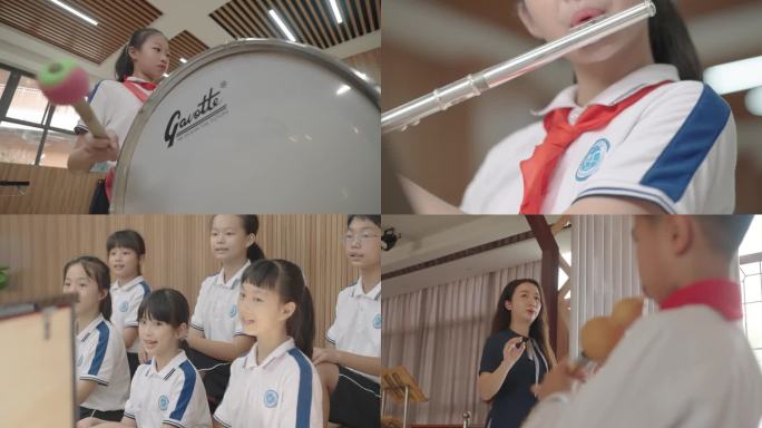 中学生演奏 葫芦丝钢琴笛子打鼓音乐课组镜