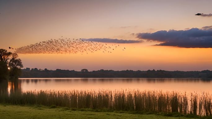 令人惊叹的叫声一群椋鸟飞过湖面