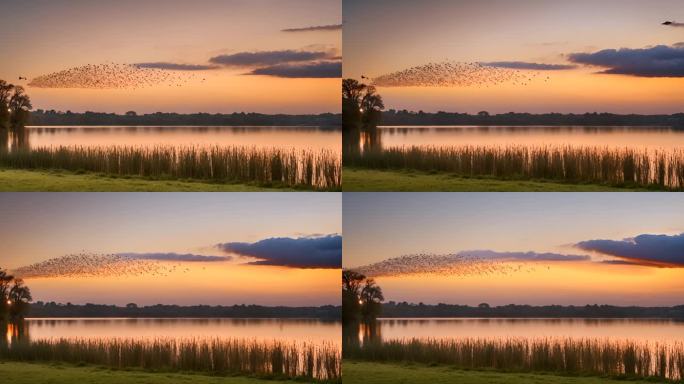 令人惊叹的叫声一群椋鸟飞过湖面