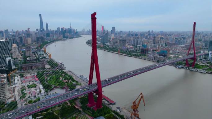 上海市浦东新区杨浦大桥城市车流船只船舶夜