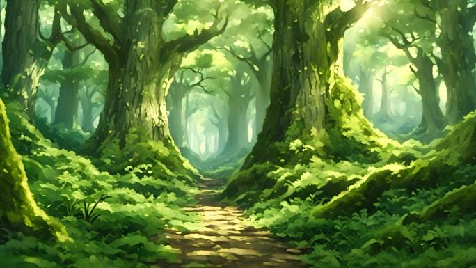 宫崎骏动漫风格阳光静谧森林