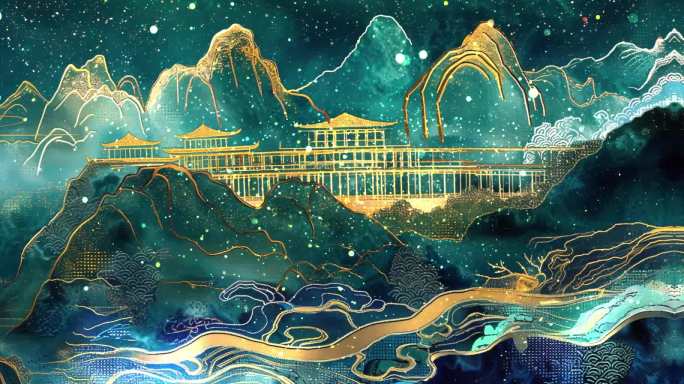 古风背景中国风山水鎏金背景移动长屏舞台