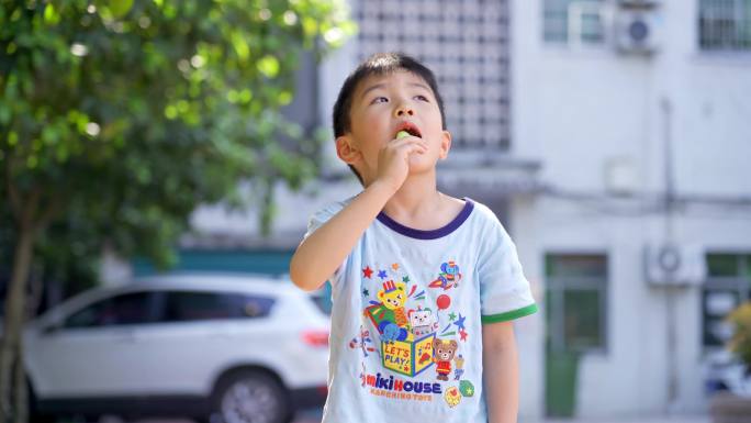 一个男孩在树荫下吃冰棍