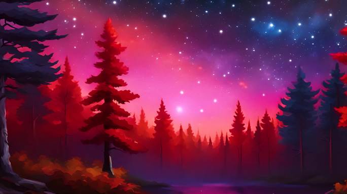 4K群星闪烁的夜空和红蓝针叶林动态