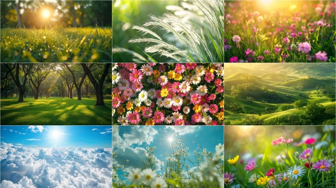 蓝天白云唯美花朵草地绿地鲜花小清新空镜