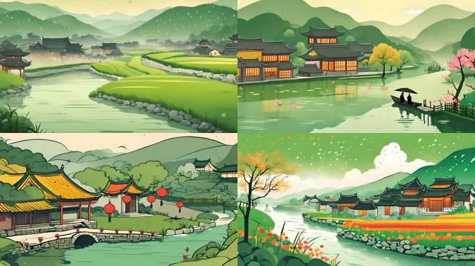 农村自然风景卡通动画清明节春雨