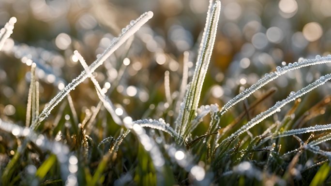 清晨草上白露霜降的美丽景象
