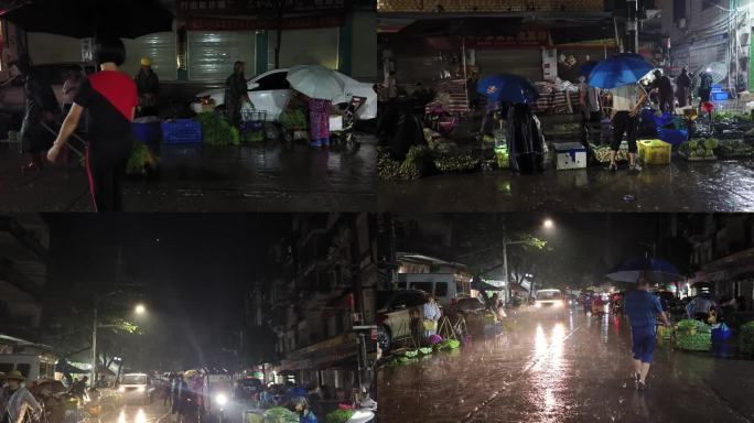 凌晨下雨农贸市场冒雨批发商人蔬菜批发交易