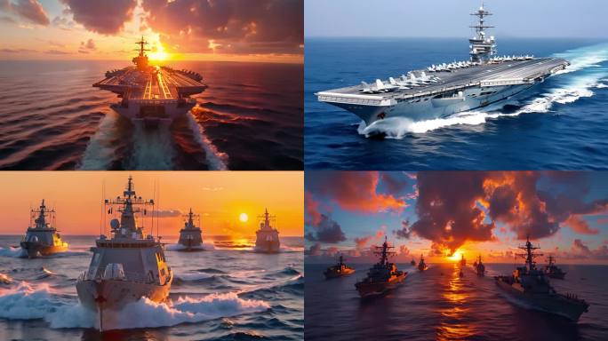 航母舰队群乘风破浪大海航行战舰群日出日落
