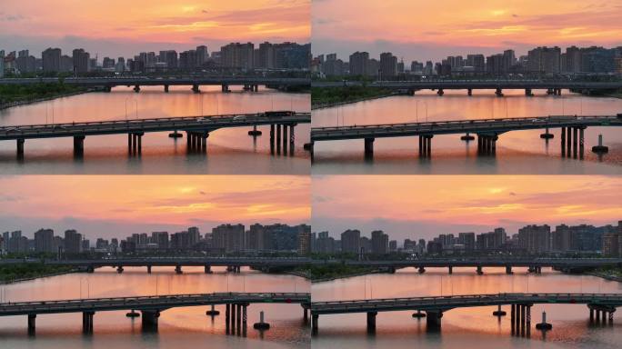 宁波城市黄昏动车穿过桥面新三江口风光素材