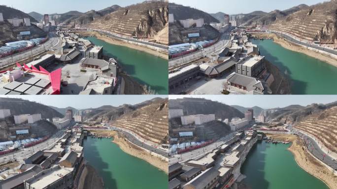 高清航拍陕北红街远景江景