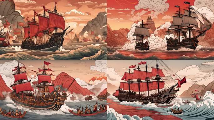 卡通动漫海上帆船船只打仗赤壁之战