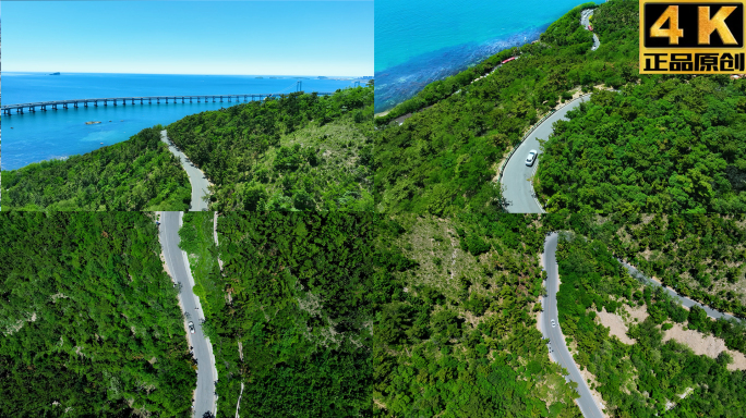 4K-海边山林山路桥上行驶汽车航拍