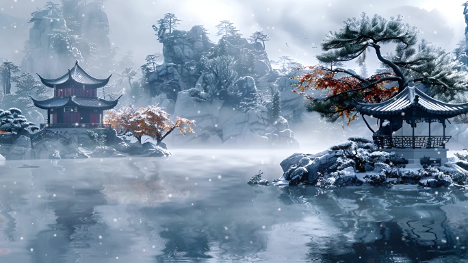 山河雪景水墨画舞台背景
