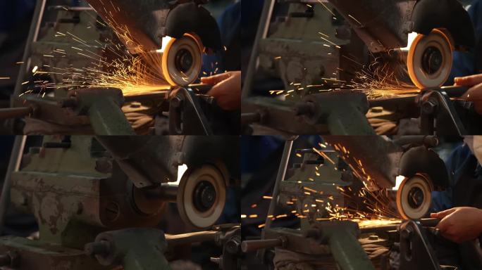 工厂工人打磨制造管件磨具火花四溅6