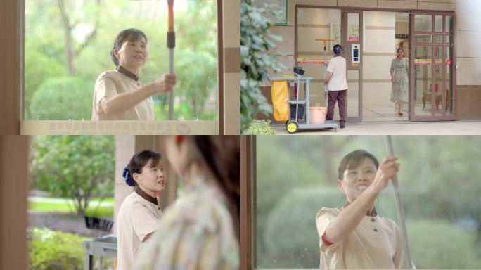 阿姨清洗玻璃物业形象片