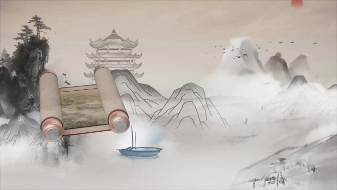 【原创】古风卷轴水墨画卷展开AE模板