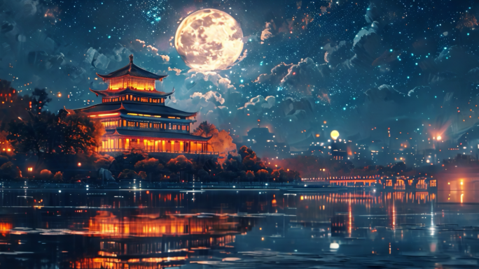 中式建筑月亮 中国风 中式 古建筑