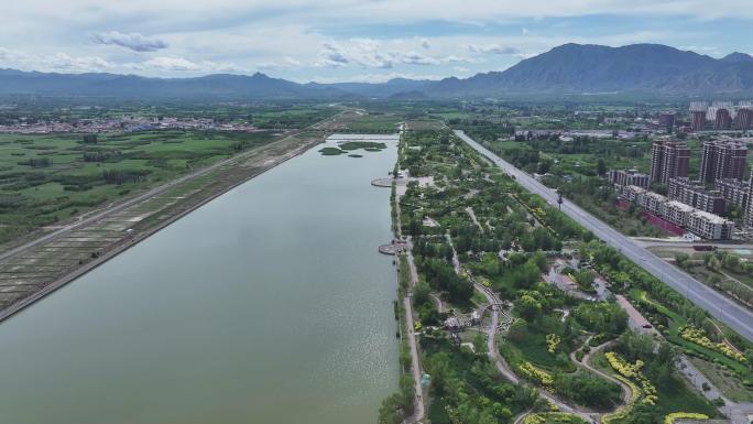 张家口涿鹿先航拍桑干河冰河公园城区