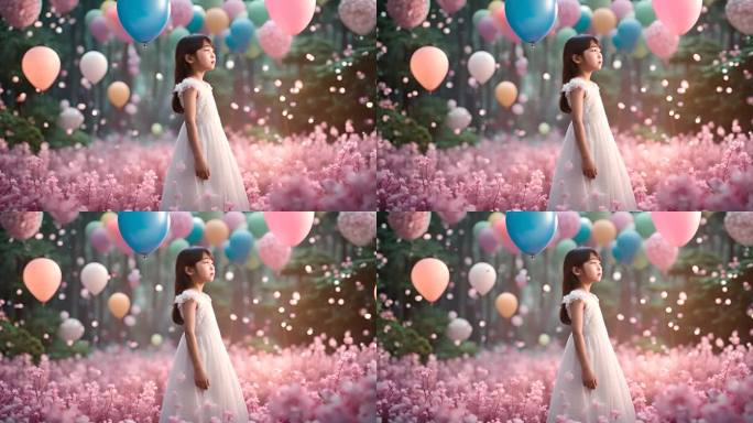 花丛中的女孩气球儿童节日