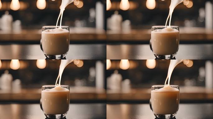 咖啡豆牛奶的超级慢动作，带有冰块和水花